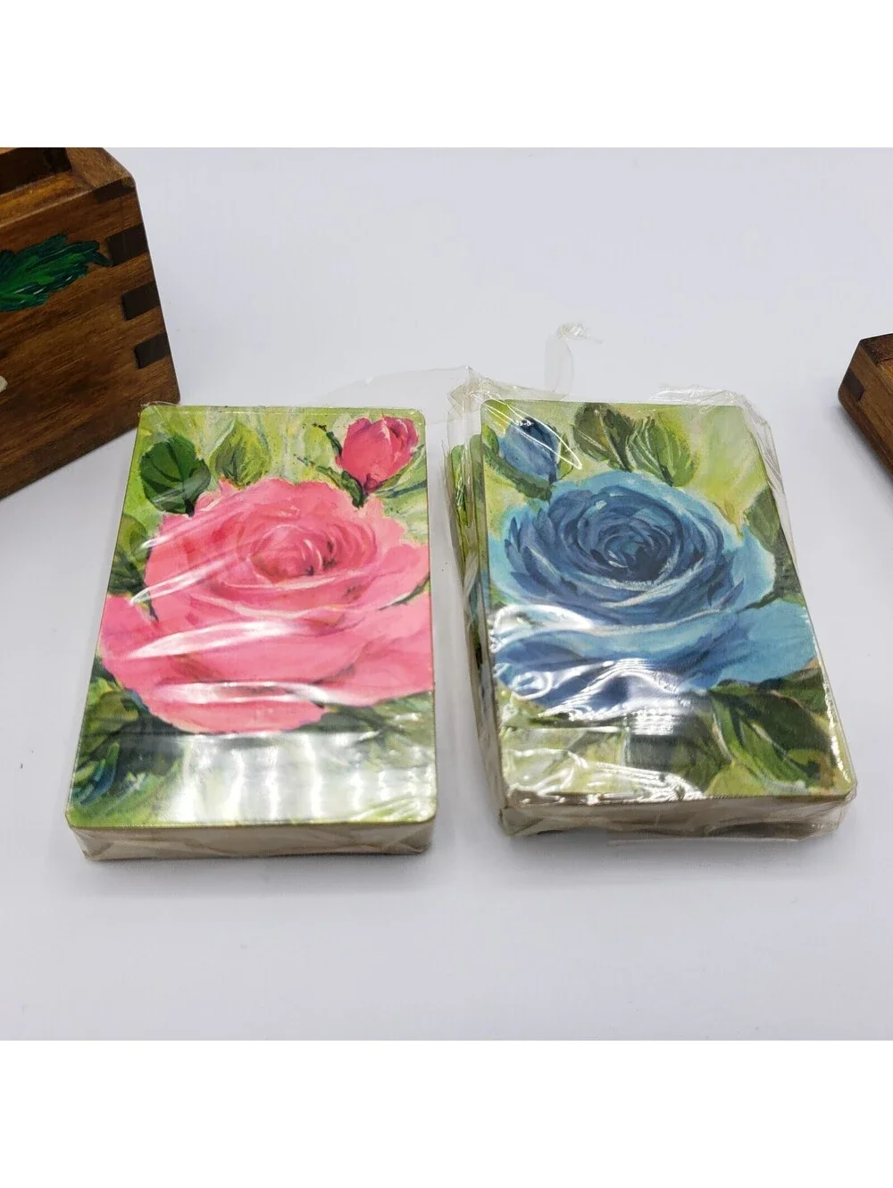 Vintage NOS Hallmark Playing Cards Roses in Wood Hand Painted Box Holder